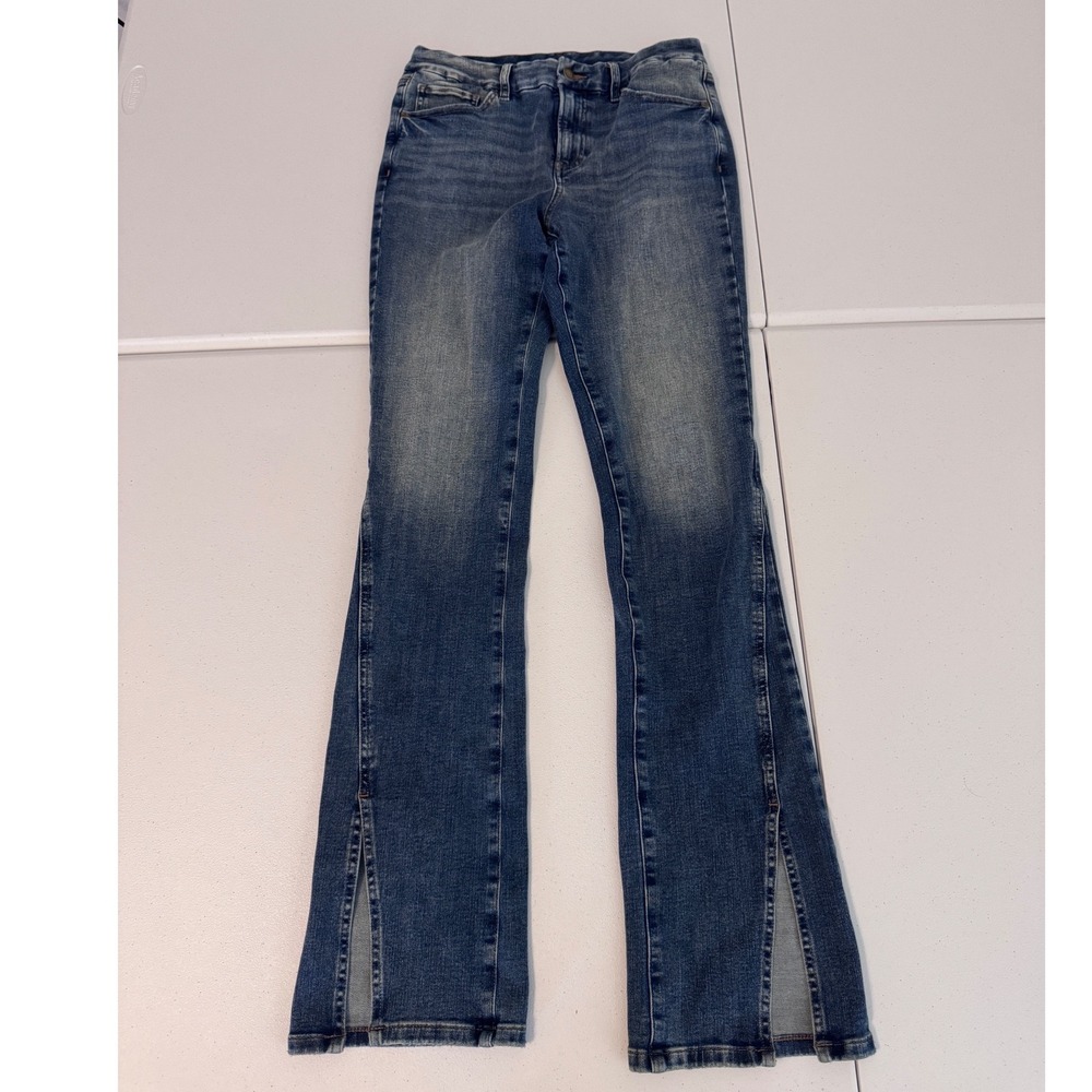 Express Skyscraper Mid Rise Ultra Hyper Stretch Flare Jeans Side Slit Blue p3